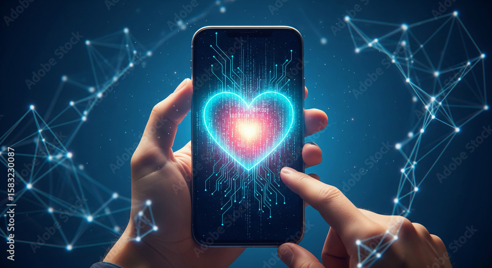 Poster hands hold smartphone displaying glowing heart formed from digital code, symbolizing digital love, c