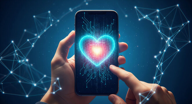 Hands hold smartphone displaying glowing heart formed from digital code, symbolizing digital love, connection, or Valentine's Day technology