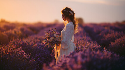 Bride standing in lavender field at sunset holding bouquet  