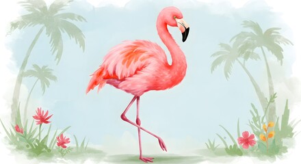 Fototapeta premium Adorable flamingo painted in gentle watercolor style, ideal for desktop backgrounds, feminine design, or nature-inspired art.