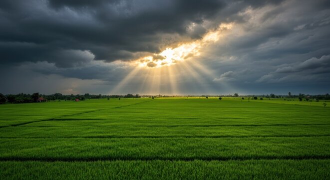 Sunbeams pierce dark clouds over a rice paddy - Powered by Adobe
