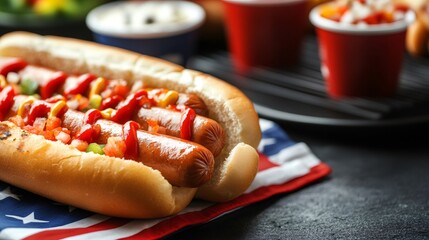 Delicious hot dogs with ketchup, mustard, and relish celebrating american tradition