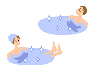 水風呂に入る男女のイラストセット_顔入り