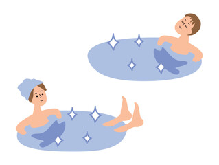 水風呂に入る男女のイラストセット_顔入り