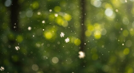 Obraz premium Abstract Green Nature Bokeh with Falling Dandelions and Light Particles