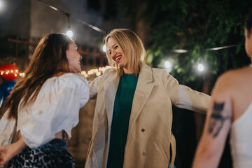 Three women are gathered outdoors in a well-lit evening environment, sharing laughter and joy. The...
