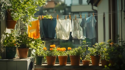 The clothes fluttering on the balcony and the blooming flowers