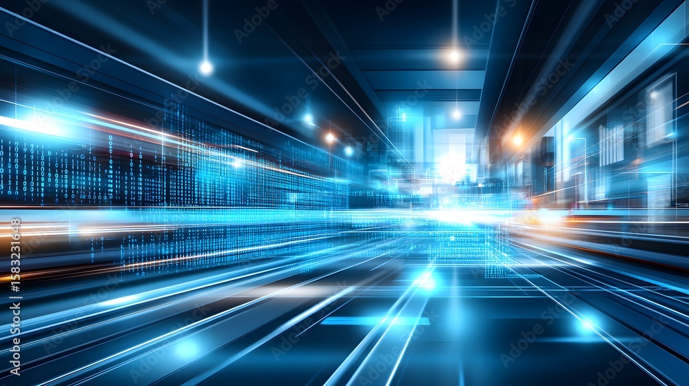 Poster digital data stream through a futuristic tunnel.