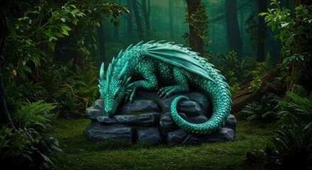 Teal dragon rests on rocks in lush forest