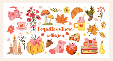 Whimsical coquette autumn vector set with pumpkins, cozy drinks, candles, leaves, books, and sweet girly elements perfect for fall planners, stickers, and seasonal design.
