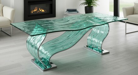Teal glass table, flowing design, modern interior