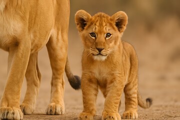 Fototapeta premium Young lion cub ventures out on the savanna with its mother, exploring its natural habitat and learning to hunt.