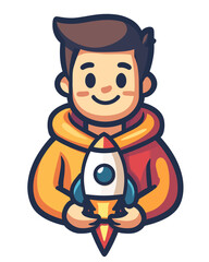 Fototapeta premium Cartoon boy holding a rocket, symbolizing ambition and future endeavors.