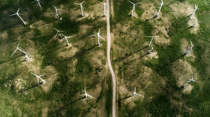 Aerial View of a Wind Turbine Farm: An awe-inspiring high-angle perspective captures a sprawling wind turbine farm, a testament to sustainable energy.