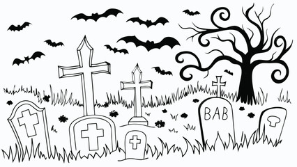 Obraz premium Black and white halloween scene with bats, tombstones, crosses and a spooky tree outline drawing