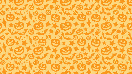 Seamless halloween pattern with pumpkins bats and stars in orange on a light orange background