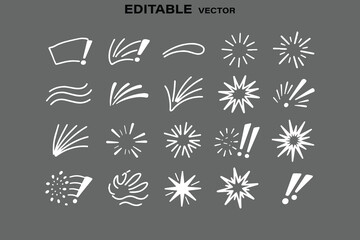 Collection of hand drawn white starbursts exclamation marks and abstract graphic elements on a gray background