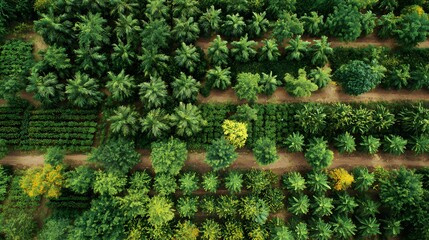 Aerial View of Lush Forest and Diverse Tree Arrangement: Witness a breathtaking aerial view of a vibrant forest, showcasing an intricately arranged array of diverse trees.