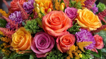 A bright bouquet of roses, chrysanthemums, and greenery fills the frame. Use it for projects needing nature, flowers, or spring-themed backgrounds.