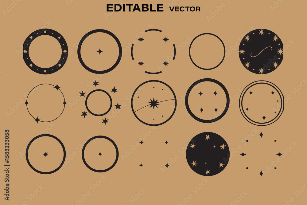 Poster collection of editable vector circular frames and star elements with celestial and cosmic motifs