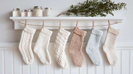 six pastel knit christmas stockings hanging from shelf with plants and jars on top