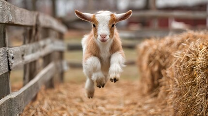 Jumping Goat in the Farm: A cheerful goat leaps in the air, showcasing its playful nature amidst a farm setting, capturing a moment of pure joy and farm life.