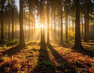 Fototapeta premium Sunlight streams through autumn forest