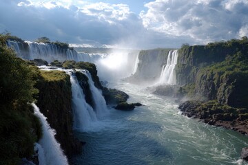 Fototapeta premium Majestic waterfalls cascade into a river amidst lush greenery and cloudy skies
