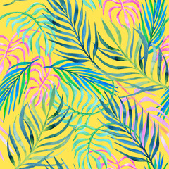 Summer watercolor palm leaves seamless pattern © AineGing