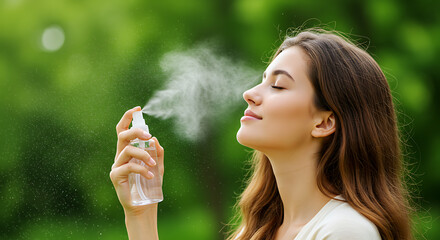 Young Woman Refreshing Face with Spray