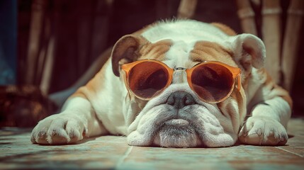 Cool Bulldog: A relaxed and stylish bulldog sporting sunglasses lounges, capturing a moment of laid-back charm and playful personality.