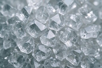 Close up of sparkling clear crystal pieces with sharp edges and reflective surfaces