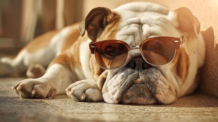 Cool Bulldog Relaxing: A cool bulldog dons sunglasses, lounging in the sun with an air of laid-back contentment and effortless charm. Captured in a moment of pure relaxation.