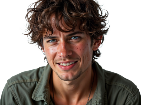 Close-up of a young male with a charming smile, wavy hair, and captivating blue eyes, conveying warmth and approachability.