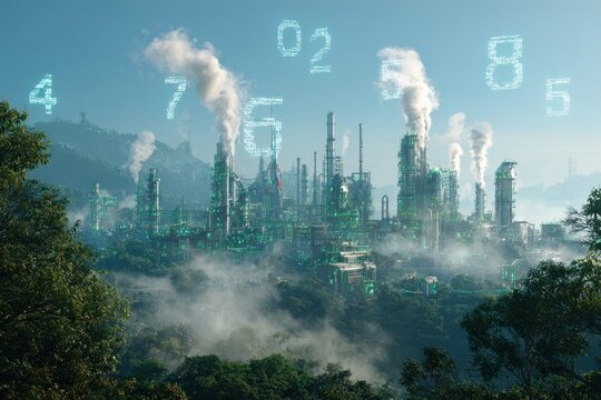 Industrial complex amidst green landscape, with numbers floating in the sky