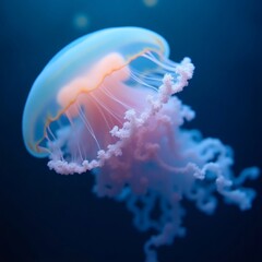 Obraz premium a close-up of a jellyfish drifting in the deep ocean, its delicate tentacles trailing gracefully