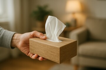 Hand offering wooden tissue box with white tissue in a cozy home setting