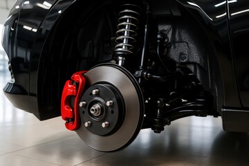 Detailed view of modern car rear suspension and disc brake system with red caliper