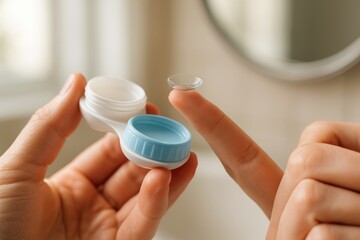 Close up of a hand holding a contact lens case and placing a contact lens on a fingertip