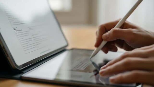 Hands using an apple pencil on an ipad. Suitable for technology blogs, graphic design content, digital art tutorials, and e learning websites.