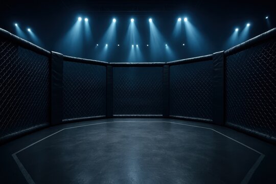 Empty mixed martial arts MMA cage in a dark arena with bright spotlights