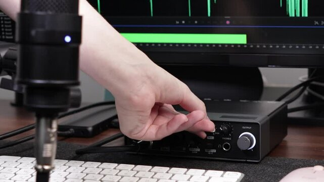 Person adjusting audio interface knob next to a professional microphone with computer monitor displaying audio waveforms for digital production