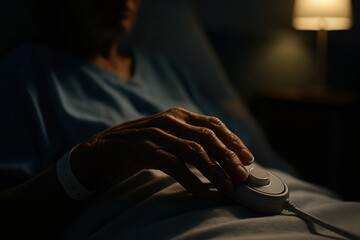 Elderly hand on hospital call button in dimly lit room, symbolizing need for care