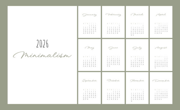 Calendar 2026 Trendy Minimalist Style. Set of 12 pages desk calendar. 2026 minimal calendar planner design for printing template. vector illustration	
