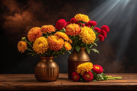 Two vases of golden yellow and red chrysanthemums on wooden table - Powered by Adobe
