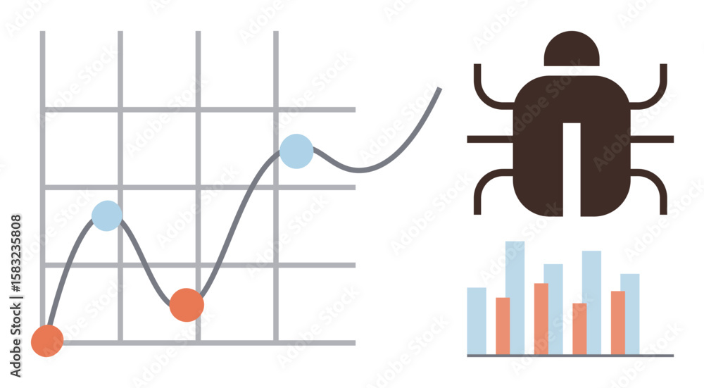 Poster line graph with data points, bug icon, and bar chart. ideal for analytics, statistics, debugging, re