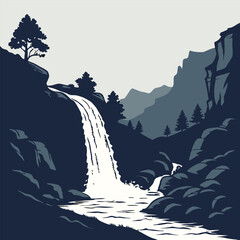 Silhouette of a waterfall flowing down rocky terrain in black vector style. Ideal for nature themes, outdoor adventure designs, travel posters, t-shirt prints, wilderness art