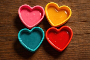 Obraz premium Four colorful heart shaped silicone molds filled with liquid on a rustic wooden table