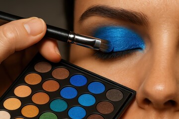 Professional makeup artist applying vibrant blue eyeshadow to a woman eye with a brush and palette.