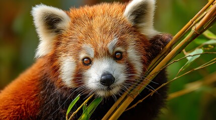 Naklejka premium Red panda portrait close up wildlife animal cute face adorable fluffy fur bamboo branches nature habitat focus